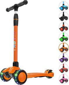 an orange scooter with wheels and lights