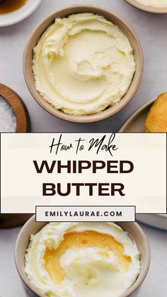 two bowls filled with whipped butter next to an orange and some other desserts on the table