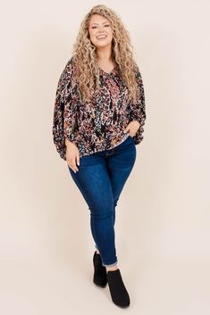 Everyone will love this trendy new top! This top has a fun floral print with dark winter colors you can style for every occasion! It's comfortable for all day wear, has a figure-flattering fit, and features the cutest balloon sleeves! Simply pair this top with skinnies and booties for an effortlessly chic look! 95% Polyester, 5% Spandex Fall Floral Print Long Sleeve Puff Sleeve Top, Chic Floral Print Puff Sleeve Top For Fall, Chic Floral Puff Sleeve Top For Fall, Chic Puff Sleeve Top With Floral Print For Fall, Casual Multicolor Balloon Sleeve Tops, Multicolor Floral Print Top With Balloon Sleeves, Casual Blouse With Floral Print And Balloon Sleeves, Multicolor Puff Sleeve Top For Fall, Casual Multicolor Floral Print Puff Sleeve Top