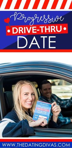 a man and woman sitting in the back seat of a car, with text reading progressive drive - thru date