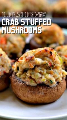 crab stuffed mushrooms on a plate with text overlay