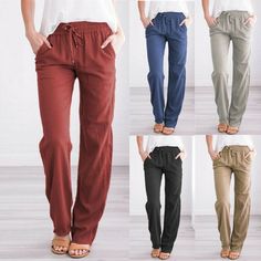 Women Casual Cotton And Linen Solid Drawstring Elastic Waist Long Straight Pants Description: 1.It is made of high quality materials with comfortable fabricse for your daily wearing! 2.Point:Solid, Middle Waist,Elastic Waist 3.The waist-closing effect makes your body look better. 4.Sport and casual to wear ,New Look,New You 5.The pants is perfect for seaside holidays,etc. Product information: Season:Spring and summer Gender:Women,Girls Style:Fashion,Casual Material:Polyester Pattern Type:Solid Decoration: None What you get:1 X  Pants Size Waist Hip Length S 68cm/26.77'' 92cm/36.22'' 99cm/38.98'' M 72cm/28.35'' 96cm/37.80'' 100cm/39.37'' L 76cm/29.92'' 100cm/39.37'' 101cm/39.76'' XL 80cm/31.50'' 104cm/40.94'' 102cm/40.16'' XXL 84cm/33.07'' 108cm/42.52'' 103cm/40.55'' XXXL 88cm/34.65'' 112cm Cotton Linen Pants, Solid Color Pants, Long Trousers, Straight Trousers, Pantalon Large, Casual Tops For Women, Joggers Womens, Ankle Length Pants, High Waisted Shorts Denim