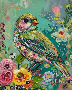 a painting of a bird sitting on top of flowers