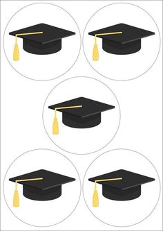 four graduation caps with yellow tassels on them, all in black and white