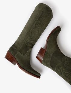 Cowboy Silhouette, Penelope Chilvers, Suede Cowboy Boots, Boot Collection, Green Boots, Embroidered Boots, The Grove, Cowboy Boot, Green Suede