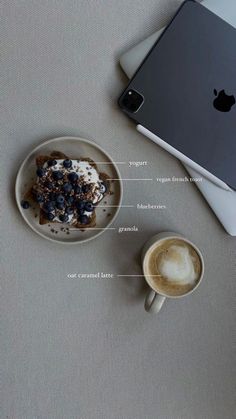 an apple ipad and coffee on a table with the parts labeled in english, french, spanish, and italian