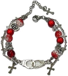 Adjustable Red Metal Charm Bracelet, Red Metal Beaded Bracelet With Round Beads, Red Stainless Steel Bracelet For Gift, Red Nickel-free Metal Bracelet, Nickel-free Red Metal Bracelet, Red Nickel-free Metal Bracelets, Nickel-free Red Metal Bracelets, Adjustable Nickel-free Red Charm Bracelet, Handmade Red Metal Charm Bracelet