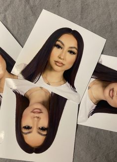 three pictures of a woman with long hair and black eyeliners on her face