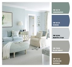 a living room filled with furniture and colors in shades of blue, gray, white