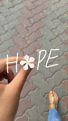 someone is holding a flower in their hand with the word hope written on it,