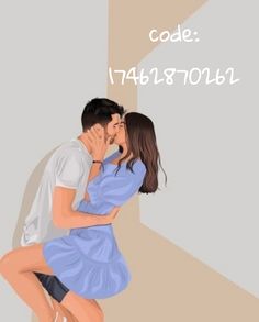 a man and woman kissing each other in front of a wall with the words code 748