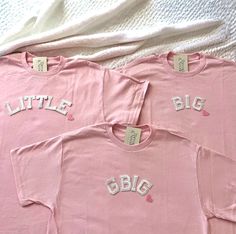 three pink t - shirts with the words big and little written in white on them