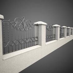 a white fence with wrought iron railings on the top and bottom, against a gray background