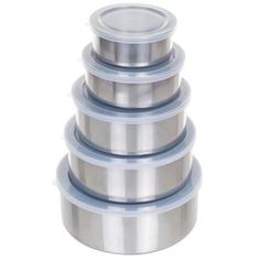 stack of stainless steel containers on white background