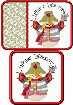 two red and white welcome cards with an image of a snowman wearing a hat