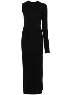 black cotton blend stretch-design asymmetric design multi-way neckline slogan print single long sleeve side slits straight hem Asymmetrical Midi Dress, Midi Dress Black, Black Crewneck, Satin Midi Dress, Sleeve Midi Dress, Mm6 Maison Margiela, Midi Dress With Sleeves, Asymmetrical Design, Blue Midi Dress