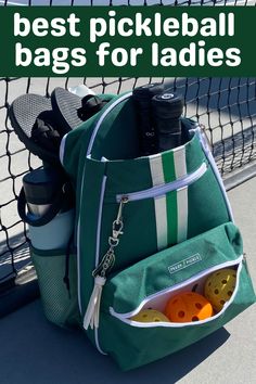 the back pack is filled with sports equipment and has text overlay that reads best pickleball bags for ladies