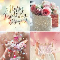 four different birthday cards with flowers, cake and confetti on them for someone's special day