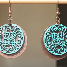 Copper Turquoise Patina earrings Jewelry Color : Turquoise Patina Antiqued copper filigree flower round ( 28 mm ) Finish : Antiqued Copper disc Bohemian Bronze Single Earring, Adjustable Bohemian Patina Earrings, Bohemian Copper Plug Earrings Nickel Free, Bohemian Copper Earrings With Patina, Bohemian Copper Pierced Earrings, Copper Drop Earrings For Festivals, Copper Drop Earrings For Festival, Bohemian Patina Earrings, Bohemian Patina Earrings For Gift