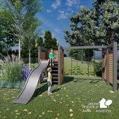 an artist's rendering of a children's play area with a slide and climbing frame