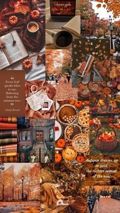 an autumn collage with pumpkins, books and other things in the fall colors