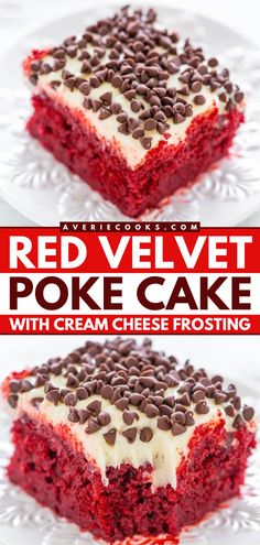 Your Valentine's Day baking ideas won't be complete without this red velvet cake recipe! Topped with homemade cream cheese frosting and chocolate chips, this super moist red velvet poke cake is an easy Valentine's Day dessert everyone will love! Red Velvet Cake Mix Recipes, Red Velvet Poke Cake, Easy Red Velvet Cake, Easy Red Velvet, Red Velvet Desserts, Red Desserts, Red Velvet Recipes, Cream Cheese Frosting Cake, Red Velvet Cake Recipe