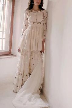 Shop for Astha Narang Off White Cotton Embroidered Kurta Sharara Set for Women Online at Aza Fashions भारतीय दुल्हन संबंधी, डिजाइनर कपड़े, Pakistani Dresses Casual, Salwar Kamiz, Indian Dresses Traditional, Traditional Indian Outfits