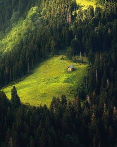 a small house in the middle of a lush green field surrounded by trees and mountains