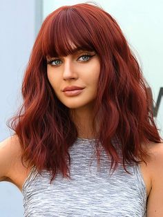 Auburn Hair With Pop Of Color, Medium Length Auburn Hair With Bangs, Classic Red Hair Color, Red Hair Lob With Bangs, Red Shoulder Length Hair With Bangs, Low Maintenance Red Hair Color, Auburn Lob With Bangs, Trending Hair Color For 2020, Shoulder Length Hair Red