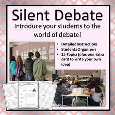 a poster with the words silentt debate on it and pictures of students writing in notebooks