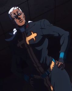 an animated man in a black suit and cross on his chest, with one hand on his hip