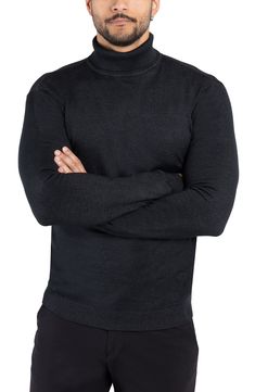 Pair this pullover sweater with any item in your closet for comfortable, semi-casual style. Fit: this style fits true to size. 27" length (size Medium) Turtleneck Long sleeves 50% nylon, 30% viscose, 20% polyester
 Dry clean Imported Model's stats for sizing: - Height: 6'2" - Waist: 32" - Suit: 40" Model is wearing size Medium. Urban Black Crew Neck Sweater, Charcoal Long Sleeve Sweater, Mens Mock Neck Sweater, Cheap Black Men's Sweater, Black Urban Crew Neck Sweater, Semi Casual, Pullover Sweaters, Casual Style, Turtle Neck