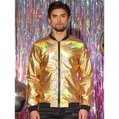 A metallic bomber jacket offers a stylish look that will make you stand out. A holographic metallic jacket is suitable for street, parties, clubs, discos, stage performances, etc. Metallic jackets make a special gift for friends or family for Halloween or Christmas. A holographic metallic bomber jacket becomes a stylish addition to your wardrobe. Metallic Jacket, Sequin Blazer, Disco Party, Trucker Jacket, Men's Coats And Jackets, Special Gift, For Friends, Mens Coats, Varsity Jacket