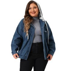 A plus-size brand inspired by the needs of its customers. It can match you to various occasions, with the proper tailoring to show your perfect curve and the comfortable fabrics enable you to enjoy a pleasant experience. Drawstring hooded denim jacket, hooded denim jacket, two decorative chest pockets, two handbags, loose fit, detachable hood. This jacket is perfect for summer, spring, fall, and winter, you can pair it with jeans, skirts, leggings, leather pants, and palazzo pants. The fashion j Plus Size Denim Jacket, Womens Tailored Suit, Jean Jacket Hoodie, Leggings Leather, Spring Blazer, Hooded Denim Jacket, Plus Size Denim, Plus Size Brands, Plus Size Coats