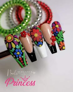 Black Mexican Nails, Charro Nails, Xv Nails, Moms Nails, Quince Stuff, Mexico Aesthetic, Nail 2024, Fun Nail Colors