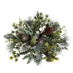 a christmas arrangement with pine cones, white flowers and greenery on a white background