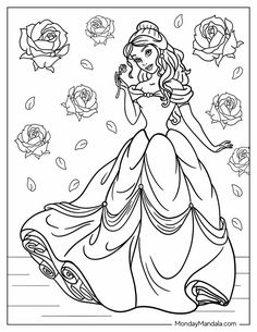 the princess from disney's beauty and the beast coloring page with roses in the background