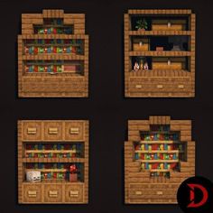 some screenshots of bookshelves and shelves in different positions on the wall