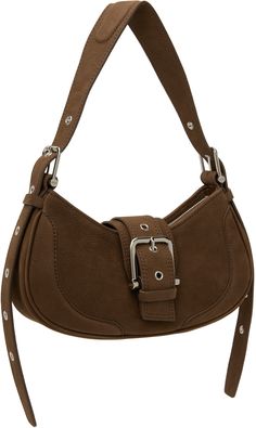 Nubuck shoulder bag in brown. · Adjustable and detachable padded shoulder strap · Pin-buckle detailing at magnetic press-stud tab · Zip closure · Patch pocket at interior · Faux-suede lining · Logo-engraved silver-tone hardware · H5.75 x W11 x D3 Supplier color: Nubuck brown Silver Engraving, Nubuck Leather, Press Studs, Room Interior, Faux Suede, Patch Pocket, Bags Women, Brown Leather, Silver Tone