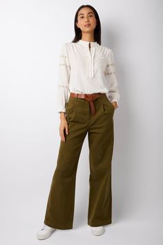 Callie Cotton Twill Wide Leg Trouser - Khaki — WYSE London Leg Trousers Outfit, Wyse London, Wide Leg Trousers Outfit, Cropped Wide Leg Trousers, Trouser Outfit, Natural Shades, Twill Pants, Ankle Bones, Brushed Cotton