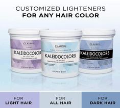 Clairol Professional Kaleidocolors Clear Ice - for all hair colors Clay-based tonal powder lightener Ideal for balayage and highlights Lightens hair up to 6 levels Lightener for all hair colors MIXING RATIO: 1:2 with 20 Volume Clairol Professional Creme Developer For damaged or previously chemically treated hair: use 10 Volume Developer Pre-Cautions: DO NOT USE HEAT.DO NOT overlap on previously lightened hair. Instructions Apply where highlights are wanted. Off-the-scalp application ONLY. Timing Balayage And Highlights, Hair Lightener, Colors Mixing, All Hair Colors, Lightened Hair, Wet And Wavy Hair, Hair Color Remover, Eye Makeup Tools, Colour Remover