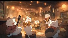 several cats are playing instruments in a room