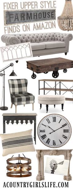 an assortment of furniture and decor items with the words fix upper style farmhouse style finds on amazon