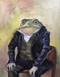 a painting of a frog in a suit sitting on a chair with his eyes closed