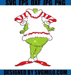 the grinch is wearing a santa claus hat and green pants with red stripes on it