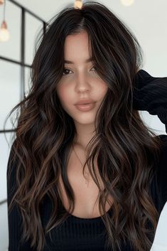 Black Hair Mocha Highlights, Super Dark Hair With Highlights, Black Long Hair Highlights, Dark Brownish Black Hair, Dark Brown Hair Change Ideas, Dark Hair Fall 2024, Black Hair With Deminsion, Black And Brown Hair Two Tone, Dark Brown Hair With Highlights And Layers