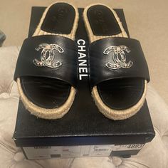 Chanel Cc Stone Logo Espadrille Slides. Good Condition. Stone Logo, Shoes Chanel, Espadrilles Slides, Chanel Espadrille, Leather Slides, Chanel Shoes, Women's Shoes Sandals, Slides, Shoes Sandals