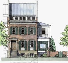 this is an artist's rendering of a two story house with green shutters