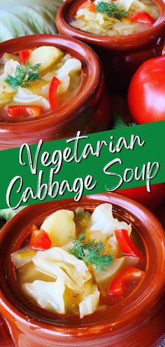 vegetarian cabbage soup with tomatoes and carrots in clay bowls on a green tablecloth