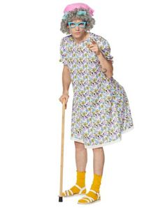 Make everyone at the costume party roar with laughter when you show up in this stylish grandma costume! The floral print dress goes perfectly with the mustard-yellow socks and pink head scarf! Top it off with the included wig featuring attached curlers, inflatable padding and glasses for a completed look! Includes: Dress Glasses Wig with hair curlers Head scarf Socks Inflatable behind padding Crewneck Short sleeves Pullover style Length: About 41” from shoulder to hem Material: Polyester, plastic Care: Hand wash Imported Note: Cane and shoes sold separately Flower Dress Costume, Pink Head Scarf, Stylish Grandma, Grandma Costume, Yellow Socks, Inflatable Costumes, Pink Head, Scarf Top, Short Sleeve Pullover